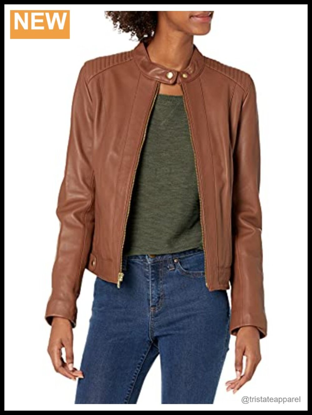 Women's Quilted Leather Racer Jacket with Zippers